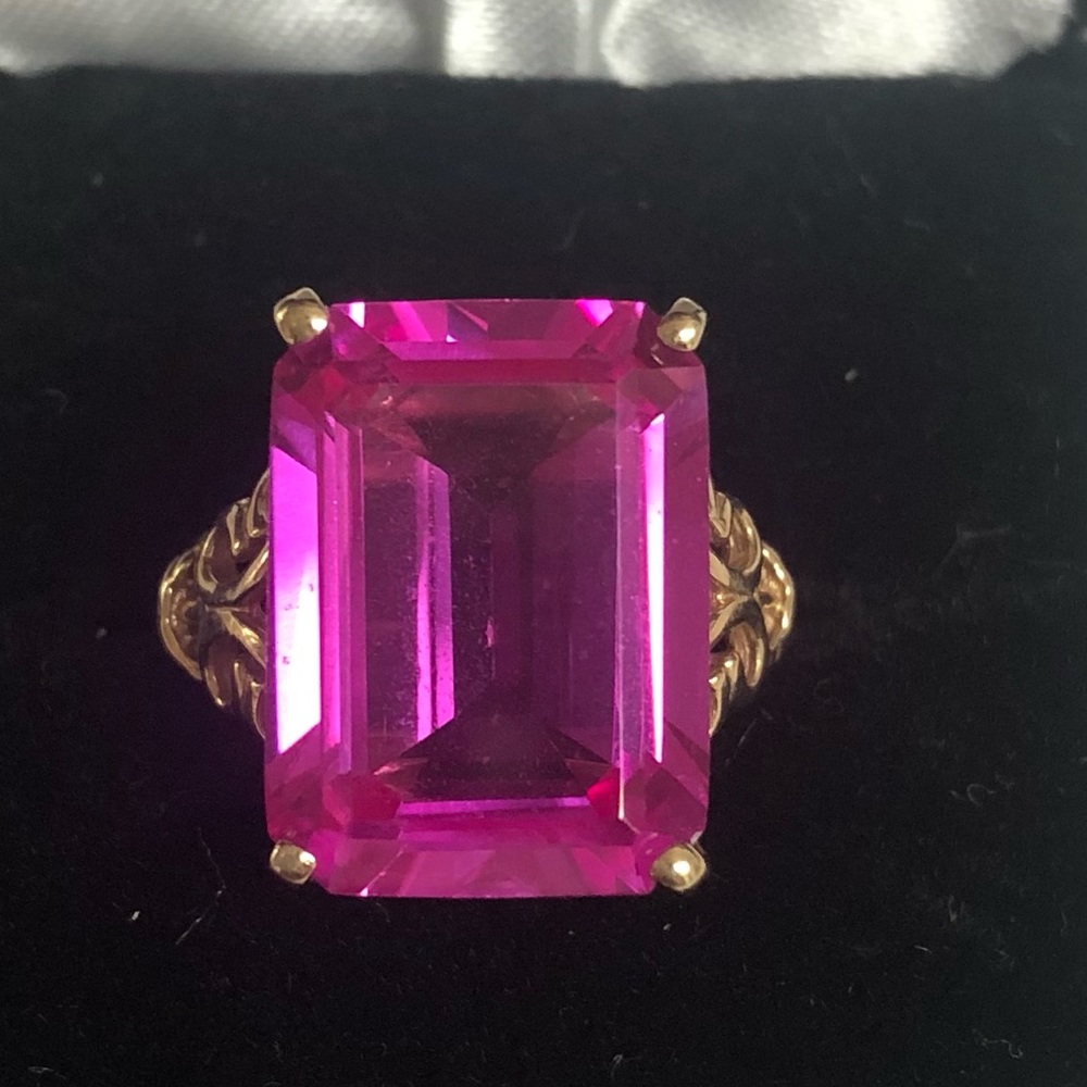 Vintage 10K Gold Simulated Pink Sapphire Step Cut Ring, Size 6 1/4.